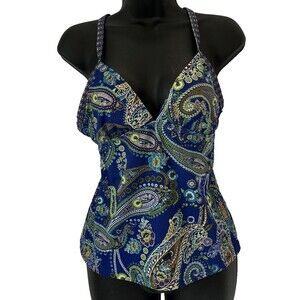Athleta Women's  M Blue Paisley Racerback Built In Bra Tankini Bathing Suit Top